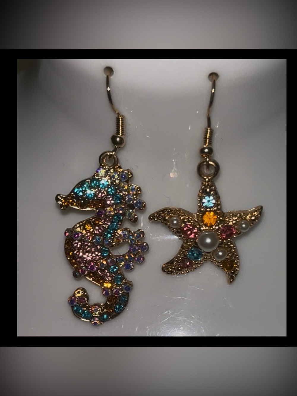 Gold Seahorse and Starfish Dangle Earrings w/ Multicolor Rhinestones NEW
